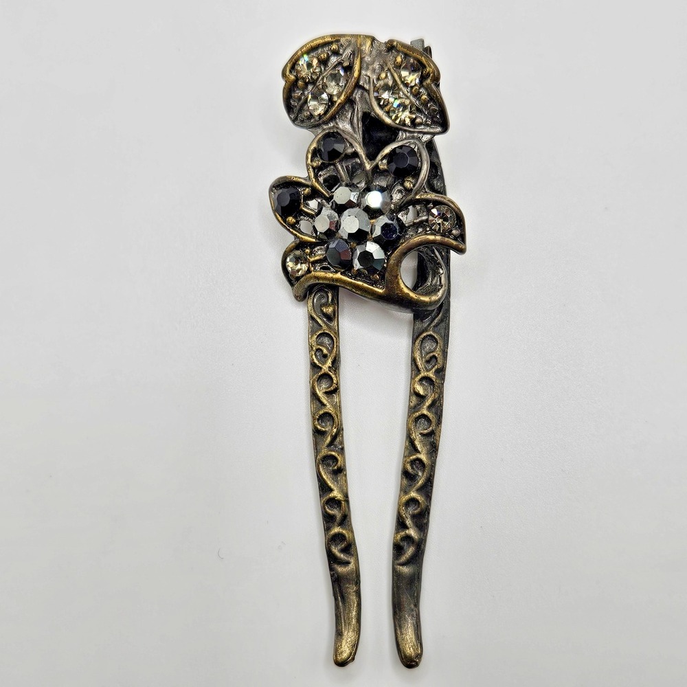 Vintage Hair Fork Clip Rhinestone Floral Metal